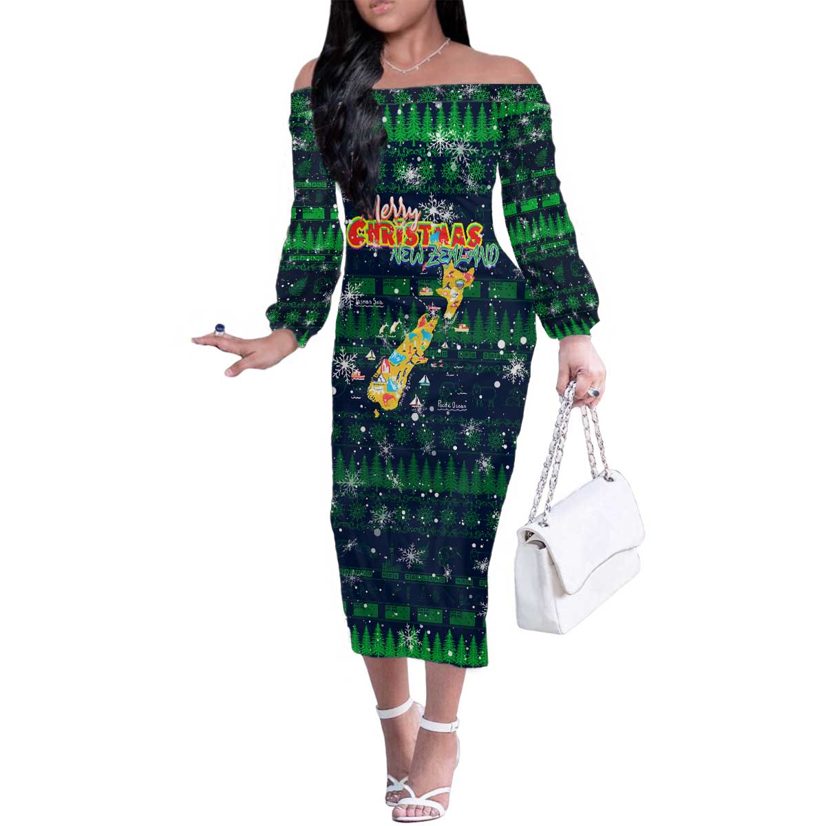 Merry Christmas New Zealand Family Matching Off The Shoulder Long Sleeve Dress and Hawaiian Shirt Xmas Travel Map - Polynesian Pride