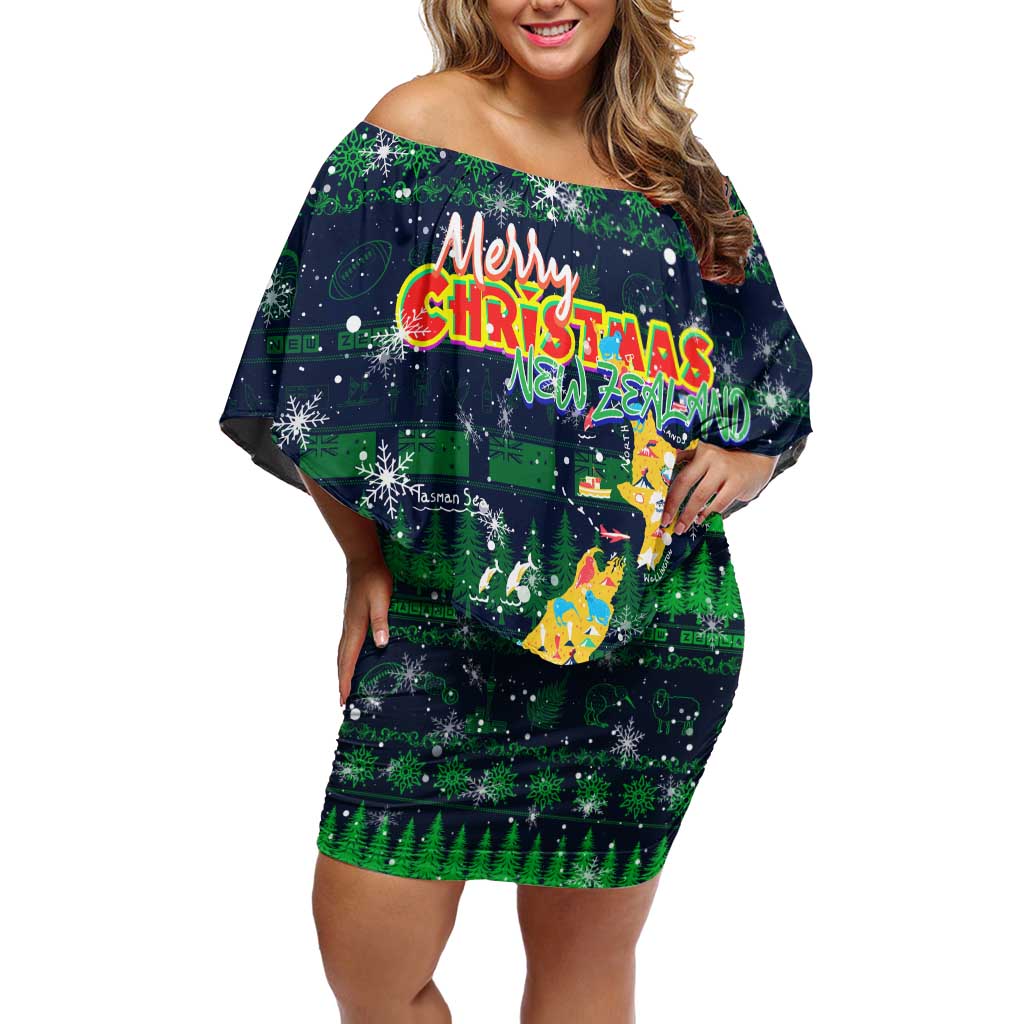 Merry Christmas New Zealand Family Matching Off Shoulder Short Dress and Hawaiian Shirt Xmas Travel Map - Polynesian Pride