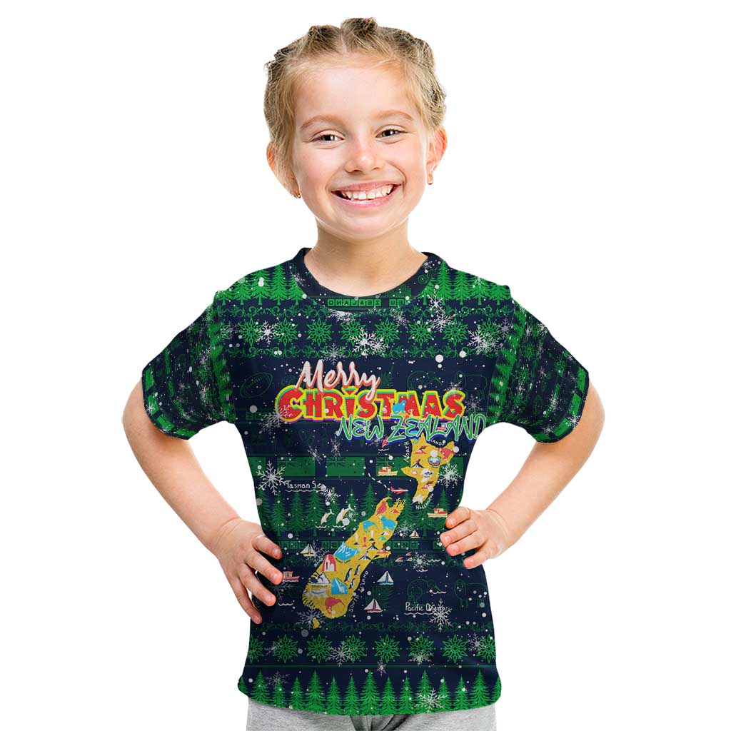 Merry Christmas New Zealand Kid T Shirt Xmas Travel Map - Polynesian Pride