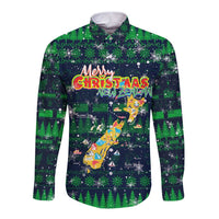 Merry Christmas New Zealand Long Sleeve Button Shirt Xmas Travel Map - Polynesian Pride