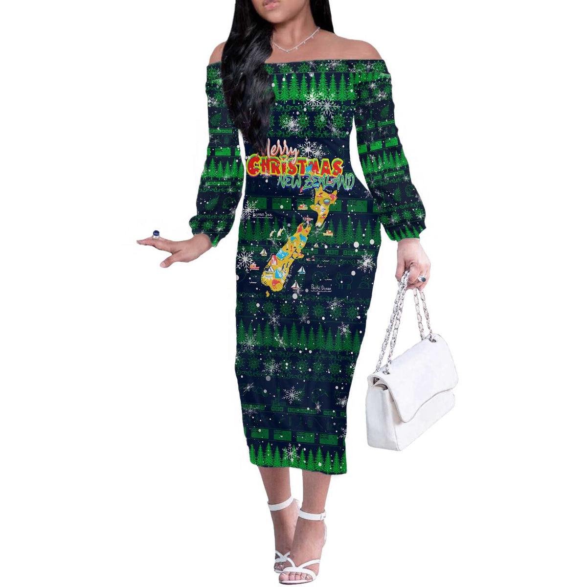 Merry Christmas New Zealand Off The Shoulder Long Sleeve Dress Xmas Travel Map - Polynesian Pride