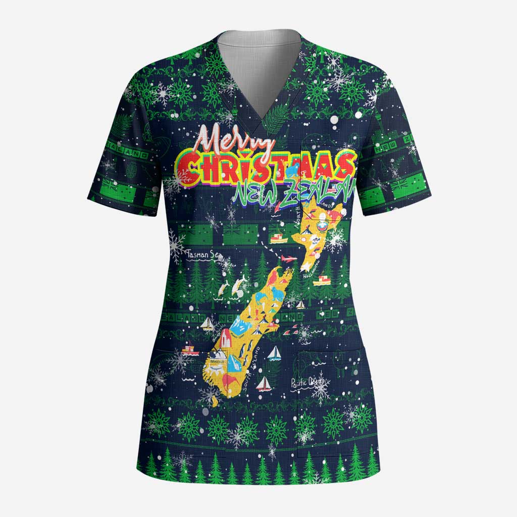 Merry Christmas New Zealand Scrub Top Xmas Travel Map - Polynesian Pride