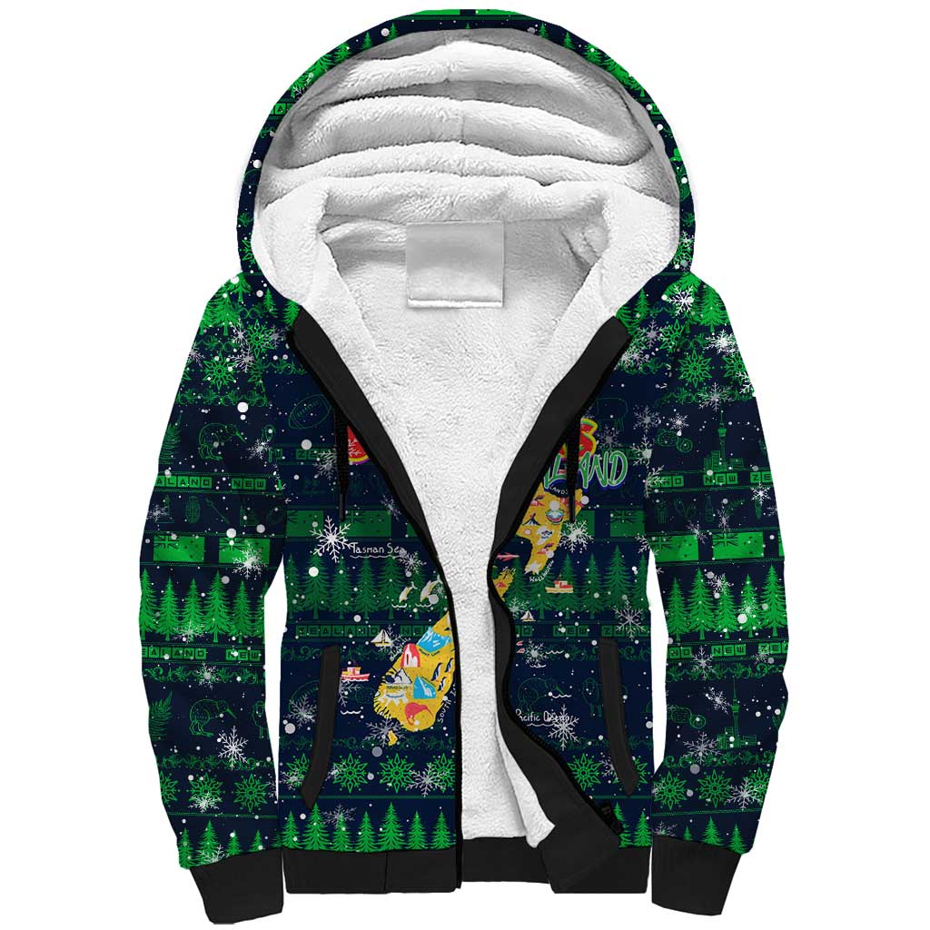 Merry Christmas New Zealand Sherpa Hoodie Xmas Travel Map DT02 Unisex Blue - Polynesian Pride
