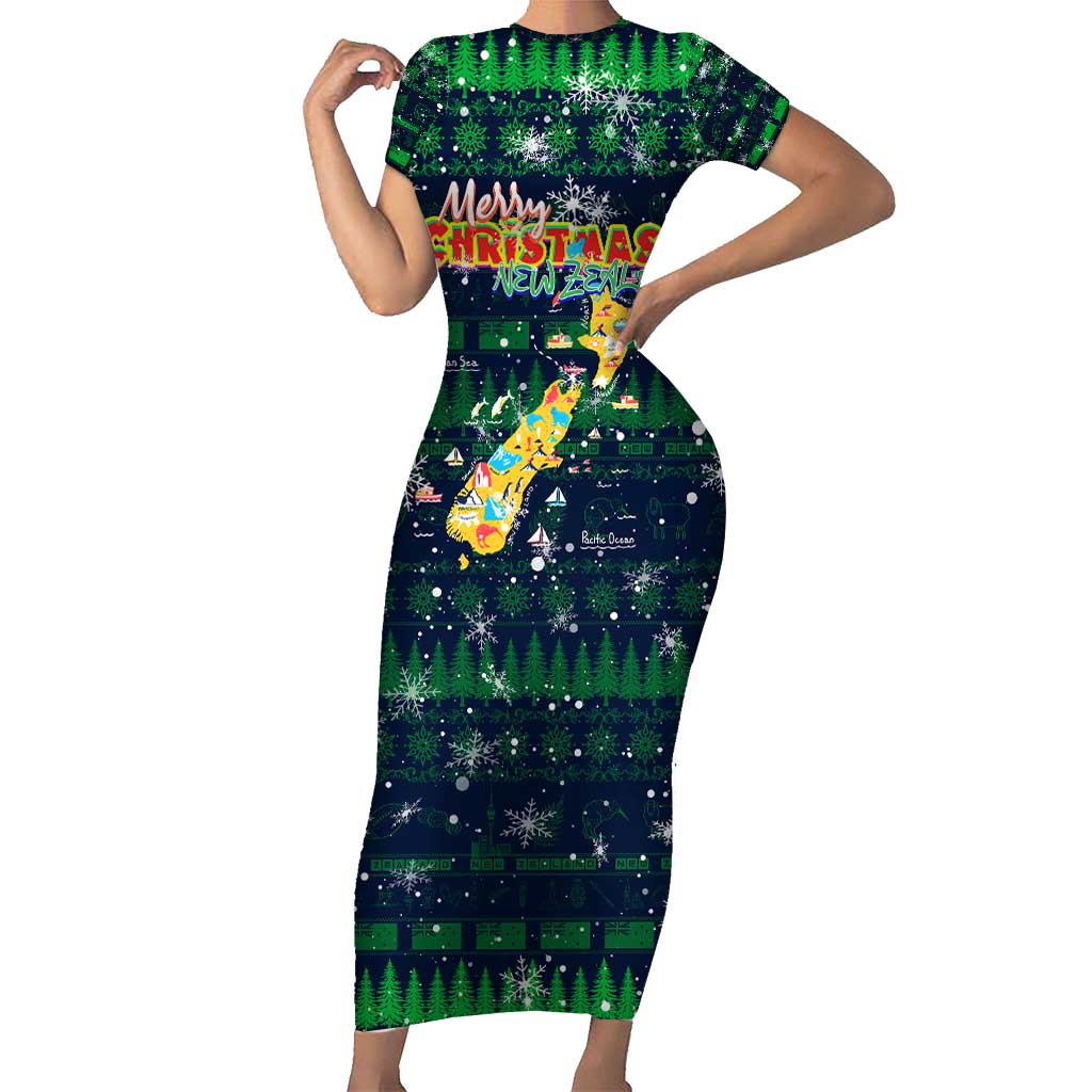 Merry Christmas New Zealand Short Sleeve Bodycon Dress Xmas Travel Map DT02 Long Dress Blue - Polynesian Pride