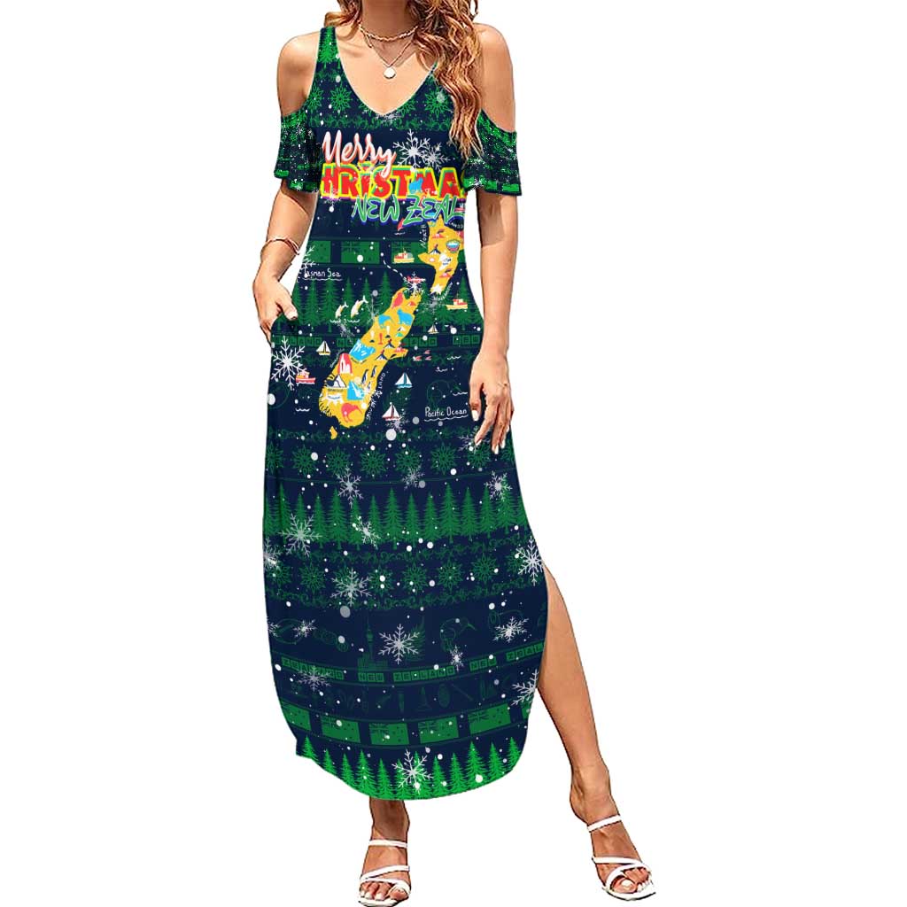 Merry Christmas New Zealand Summer Maxi Dress Xmas Travel Map DT02 Women Blue - Polynesian Pride