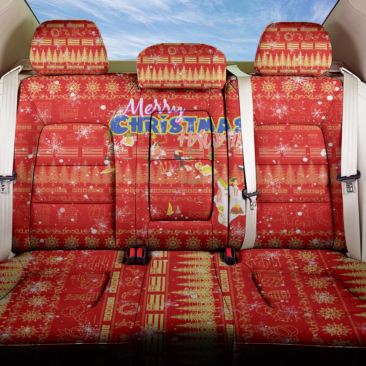 Merry Christmas Hawaii Back Car Seat Cover Xmas Travel Map DT02 One Size Red - Polynesian Pride