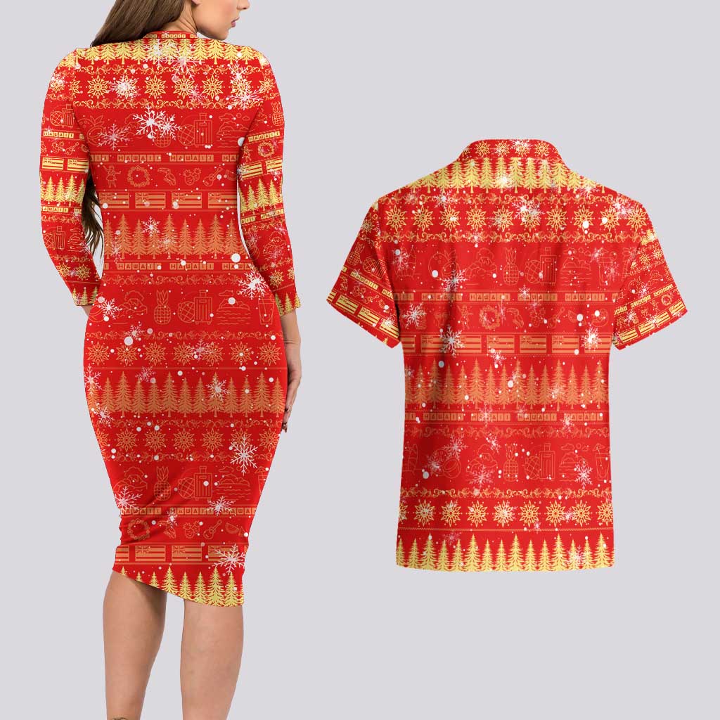Merry Christmas Hawaii Couples Matching Long Sleeve Bodycon Dress and Hawaiian Shirt Xmas Travel Map - Polynesian Pride