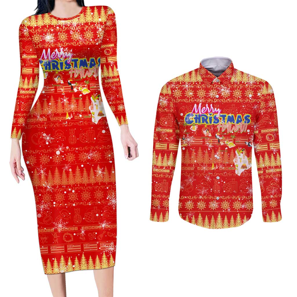 Merry Christmas Hawaii Couples Matching Long Sleeve Bodycon Dress and Long Sleeve Button Shirt Xmas Travel Map - Polynesian Pride