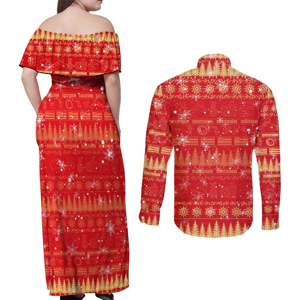 Merry Christmas Hawaii Couples Matching Off Shoulder Maxi Dress and Long Sleeve Button Shirt Xmas Travel Map - Polynesian Pride
