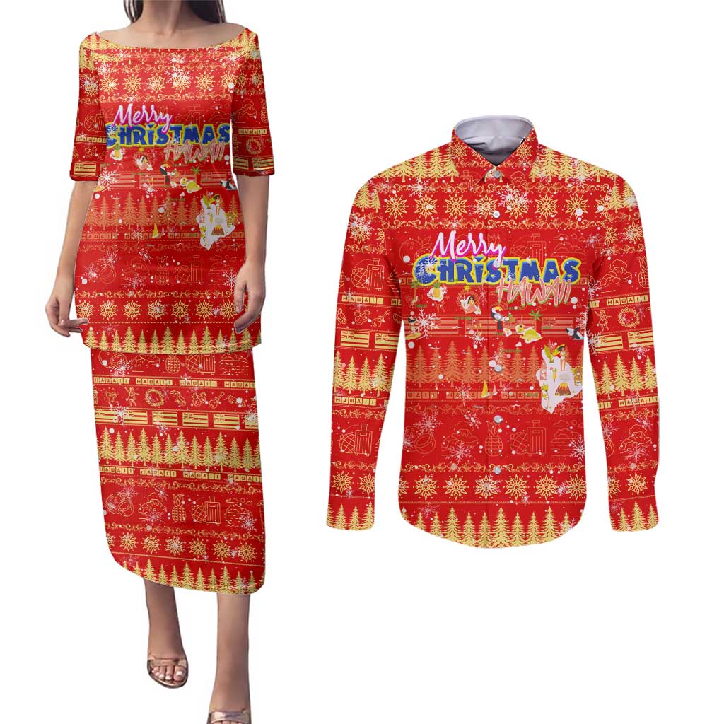 Merry Christmas Hawaii Couples Matching Puletasi and Long Sleeve Button Shirt Xmas Travel Map - Polynesian Pride