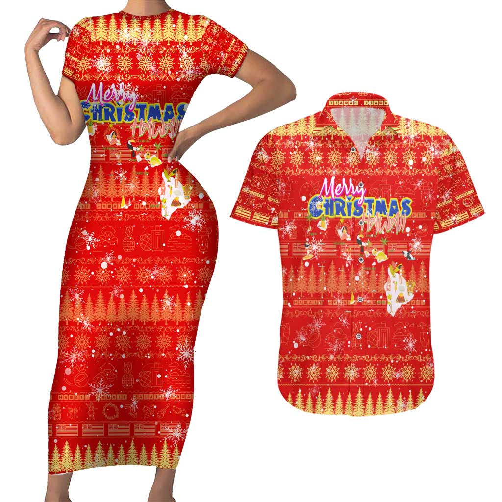 Merry Christmas Hawaii Couples Matching Short Sleeve Bodycon Dress and Hawaiian Shirt Xmas Travel Map - Polynesian Pride