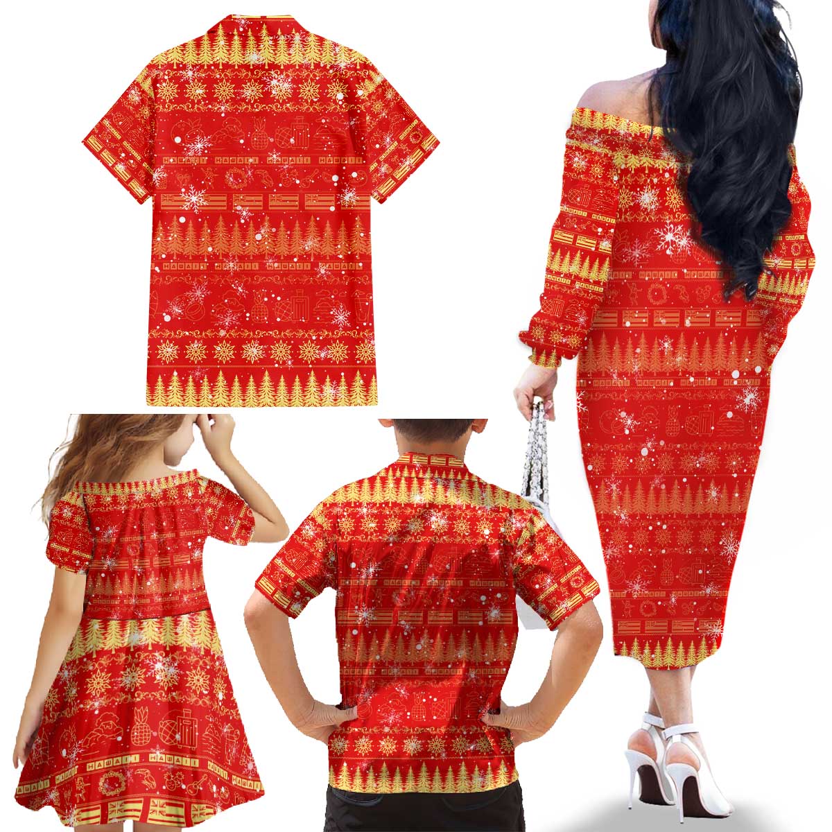 Merry Christmas Hawaii Family Matching Off The Shoulder Long Sleeve Dress and Hawaiian Shirt Xmas Travel Map - Polynesian Pride