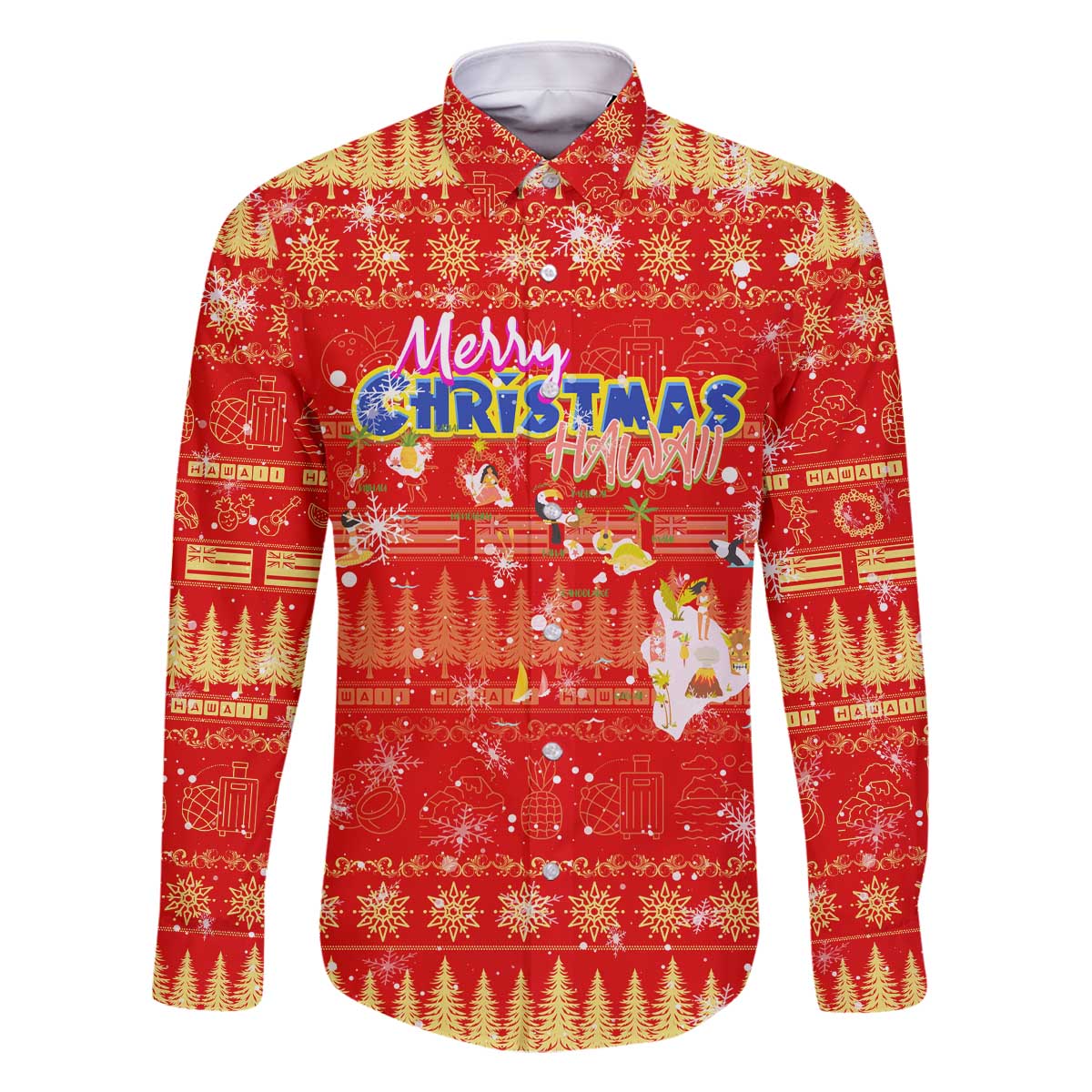 Merry Christmas Hawaii Family Matching Off The Shoulder Long Sleeve Dress and Hawaiian Shirt Xmas Travel Map - Polynesian Pride