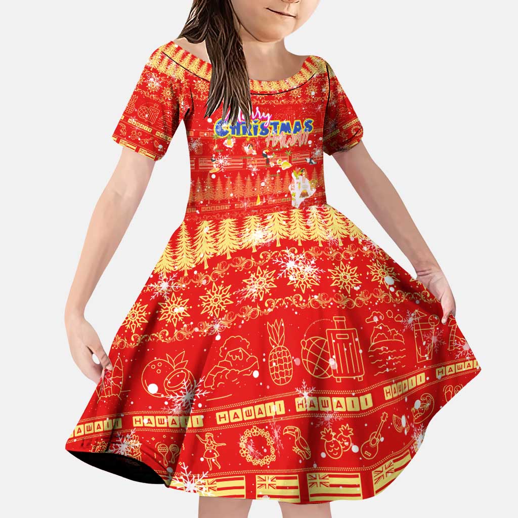 Merry Christmas Hawaii Family Matching Puletasi and Hawaiian Shirt Xmas Travel Map DT02 Daughter's Dress Red - Polynesian Pride