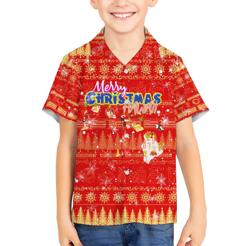 Merry Christmas Hawaii Family Matching Puletasi and Hawaiian Shirt Xmas Travel Map DT02 Son's Shirt Red - Polynesian Pride