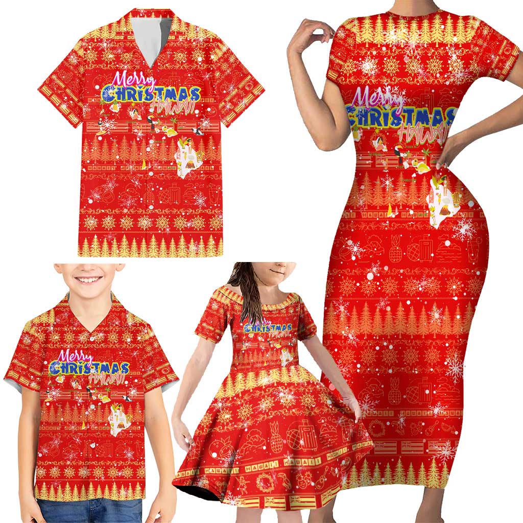 Merry Christmas Hawaii Family Matching Short Sleeve Bodycon Dress and Hawaiian Shirt Xmas Travel Map - Polynesian Pride