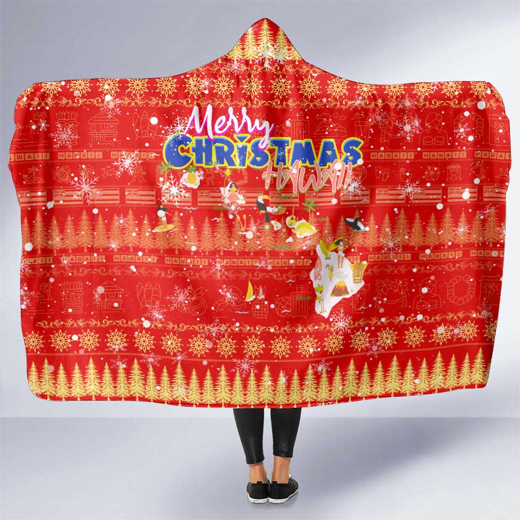 Merry Christmas Hawaii Hooded Blanket Xmas Travel Map DT02 One Size Red - Polynesian Pride
