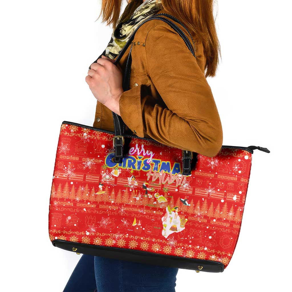 Merry Christmas Hawaii Leather Tote Bag Xmas Travel Map DT02 Red - Polynesian Pride