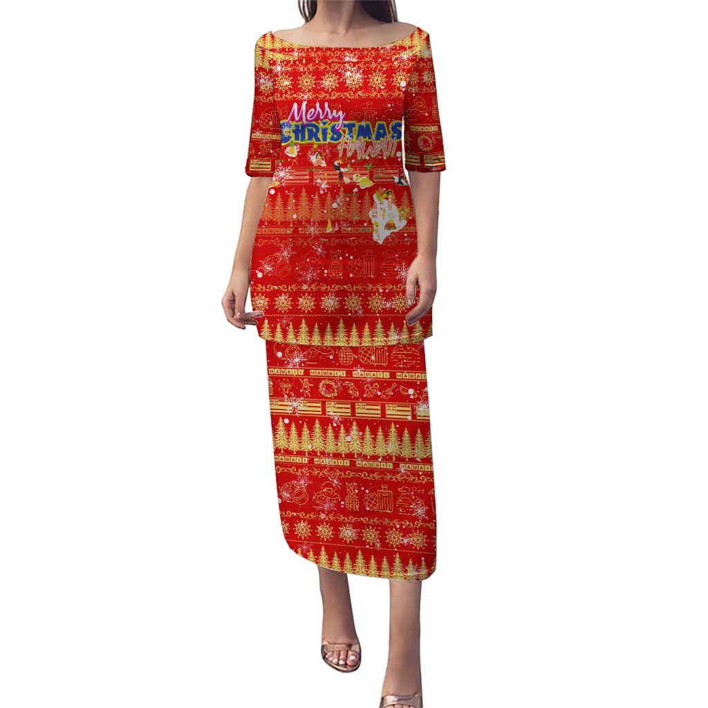 Merry Christmas Hawaii Puletasi Xmas Travel Map DT02 Long Dress Red - Polynesian Pride