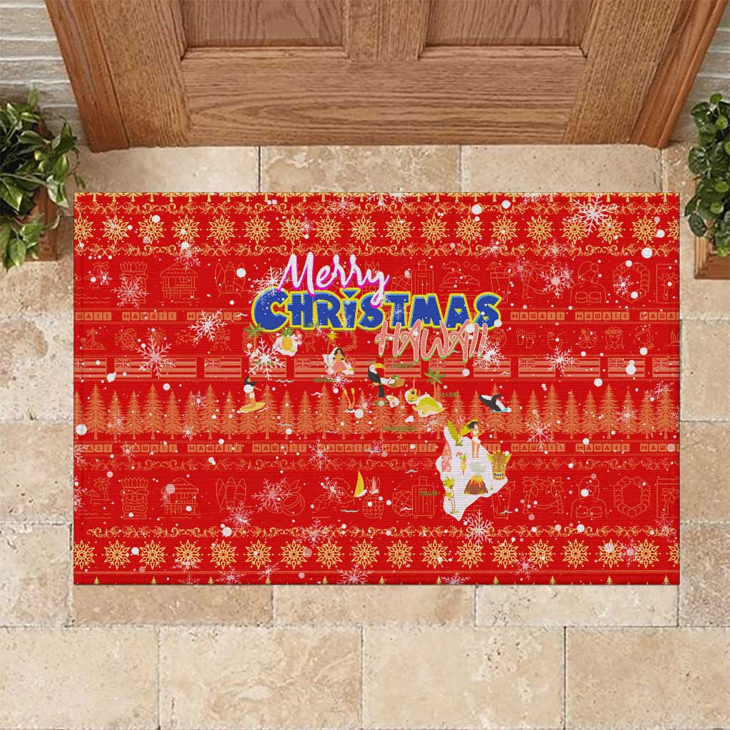 Merry Christmas Hawaii Rubber Doormat Xmas Travel Map DT02 Red - Polynesian Pride