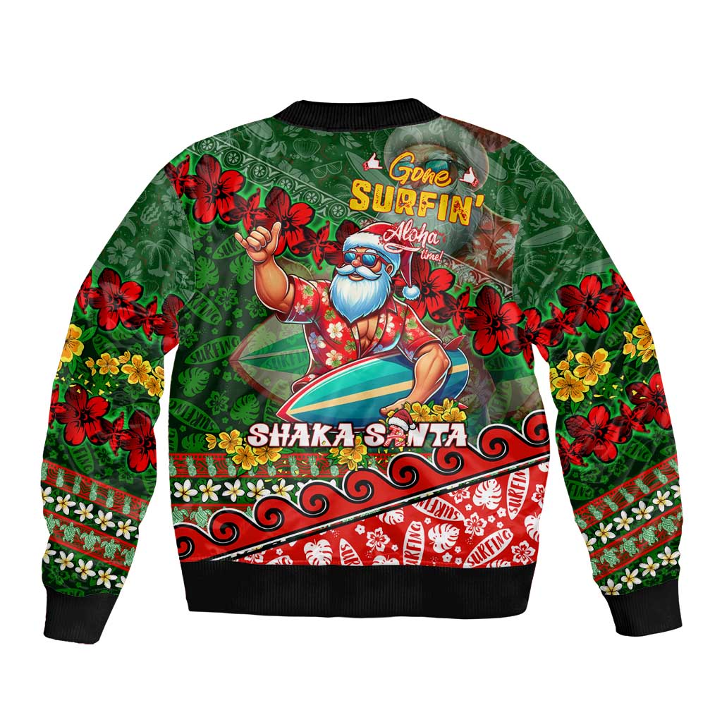 Mele Kalikimaka Shaka Santa Bomber Jacket Hawaiian Surf Christmas Design with Aloha Spirit - Polynesian Pride