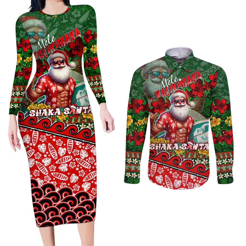 Mele Kalikimaka Shaka Santa Couples Matching Long Sleeve Bodycon Dress and Long Sleeve Button Shirt Hawaiian Surf Christmas Design with Aloha Spirit - Polynesian Pride