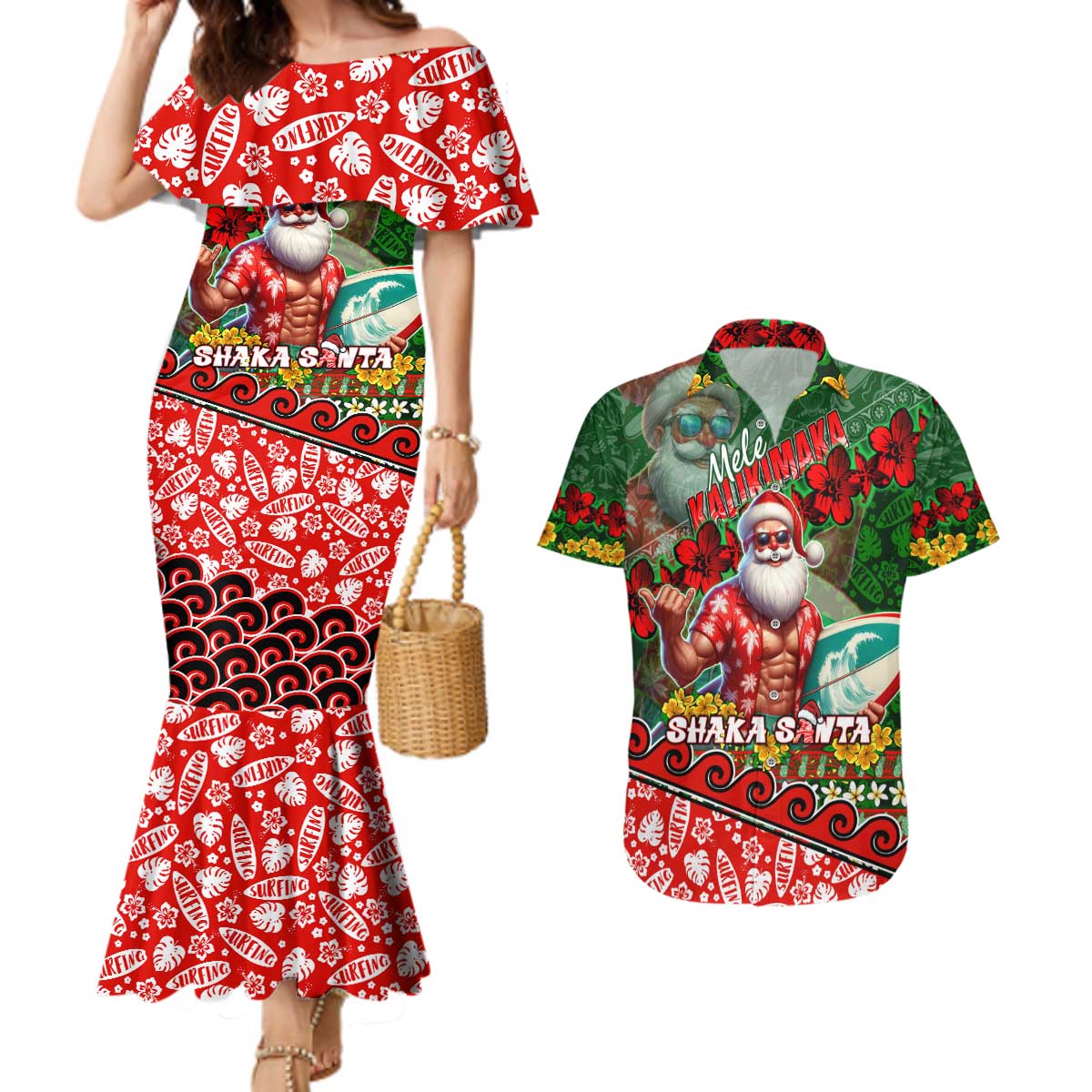 Mele Kalikimaka Shaka Santa Couples Matching Mermaid Dress and Hawaiian Shirt Hawaiian Surf Christmas Design with Aloha Spirit - Polynesian Pride