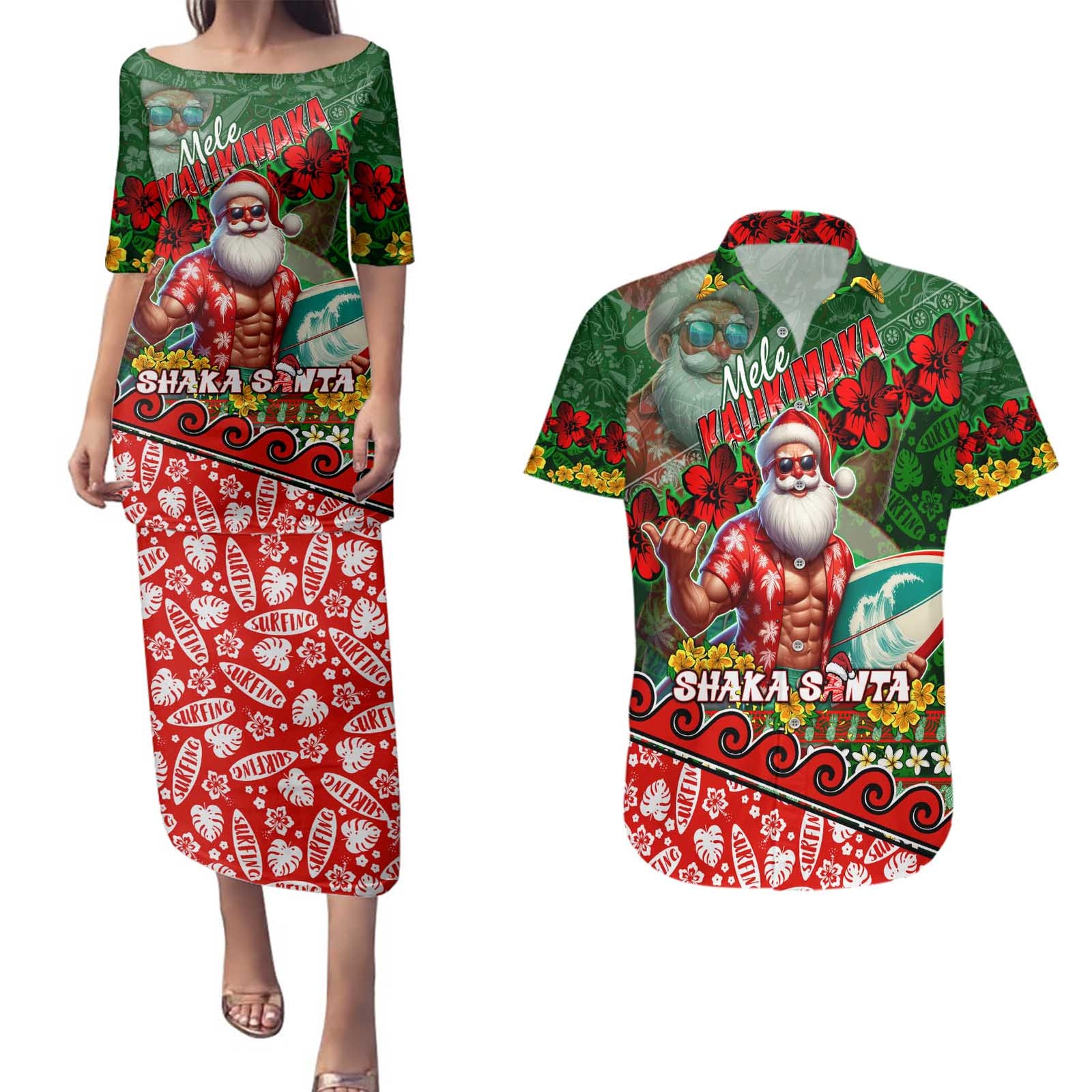 Mele Kalikimaka Shaka Santa Couples Matching Puletasi and Hawaiian Shirt Hawaiian Surf Christmas Design with Aloha Spirit - Polynesian Pride