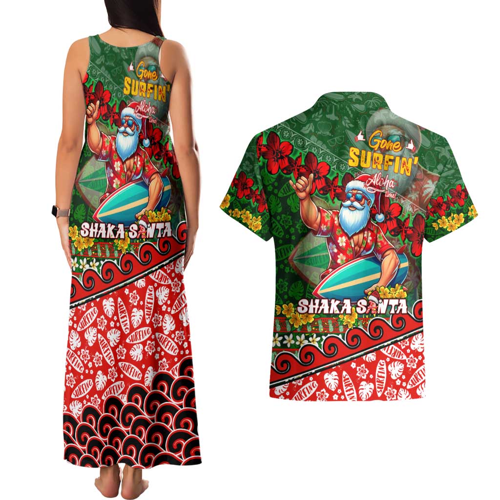 Mele Kalikimaka Shaka Santa Couples Matching Tank Maxi Dress and Hawaiian Shirt Hawaiian Surf Christmas Design with Aloha Spirit - Polynesian Pride