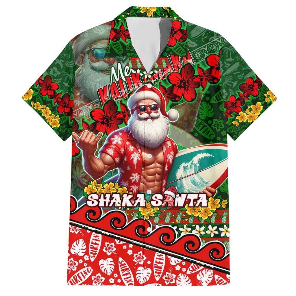 Mele Kalikimaka Shaka Santa Family Matching Long Sleeve Bodycon Dress and Hawaiian Shirt Hawaiian Surf Christmas Design with Aloha Spirit - Polynesian Pride