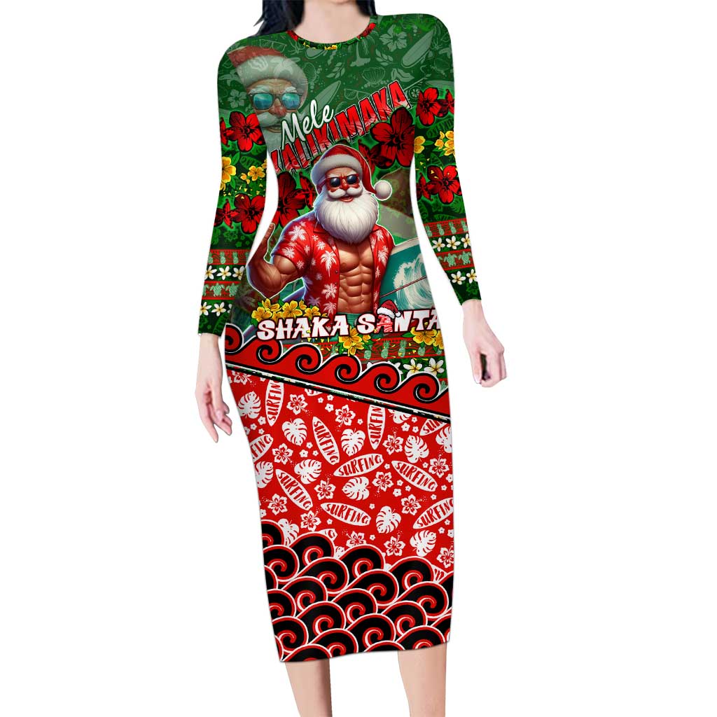 Mele Kalikimaka Shaka Santa Family Matching Long Sleeve Bodycon Dress and Hawaiian Shirt Hawaiian Surf Christmas Design with Aloha Spirit - Polynesian Pride
