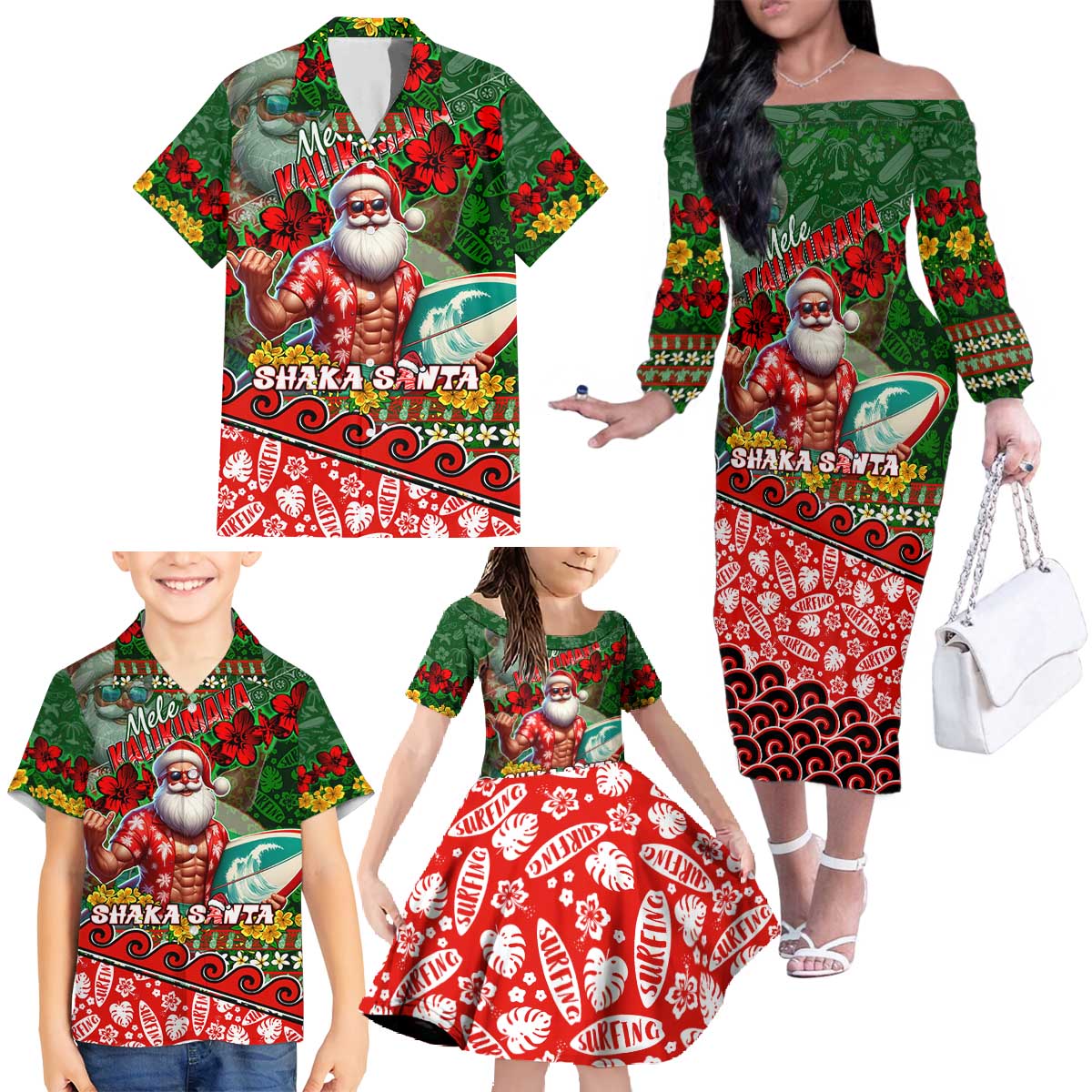 Mele Kalikimaka Shaka Santa Family Matching Off The Shoulder Long Sleeve Dress and Hawaiian Shirt Hawaiian Surf Christmas Design with Aloha Spirit - Polynesian Pride