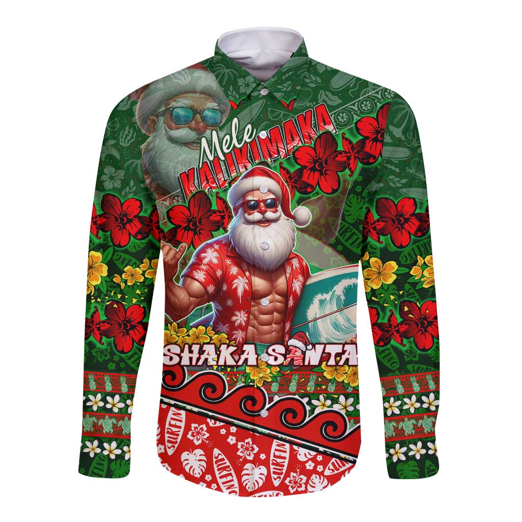 Mele Kalikimaka Shaka Santa Long Sleeve Button Shirt Hawaiian Surf Christmas Design with Aloha Spirit - Polynesian Pride