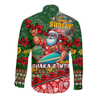 Mele Kalikimaka Shaka Santa Long Sleeve Button Shirt Hawaiian Surf Christmas Design with Aloha Spirit - Polynesian Pride