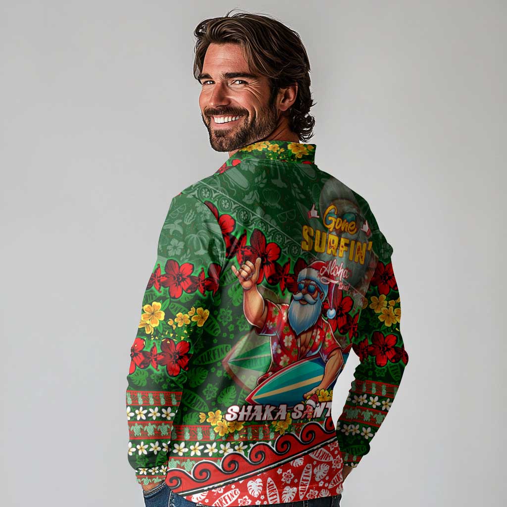 Mele Kalikimaka Shaka Santa Long Sleeve Polo Shirt Hawaiian Surf Christmas Design with Aloha Spirit - Polynesian Pride