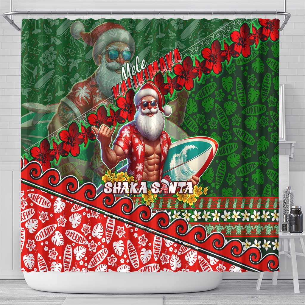 Mele Kalikimaka Shaka Santa Shower Curtain Hawaiian Surf Christmas Design with Aloha Spirit - Polynesian Pride