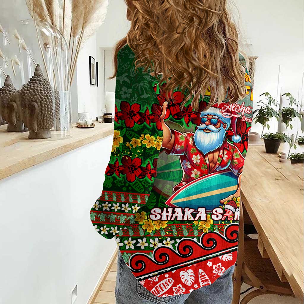 Mele Kalikimaka Shaka Santa Women Casual Shirt Hawaiian Surf Christmas Design with Aloha Spirit - Polynesian Pride
