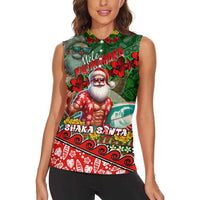 Mele Kalikimaka Shaka Santa Women Sleeveless Polo Shirt Hawaiian Surf Christmas Design with Aloha Spirit - Polynesian Pride