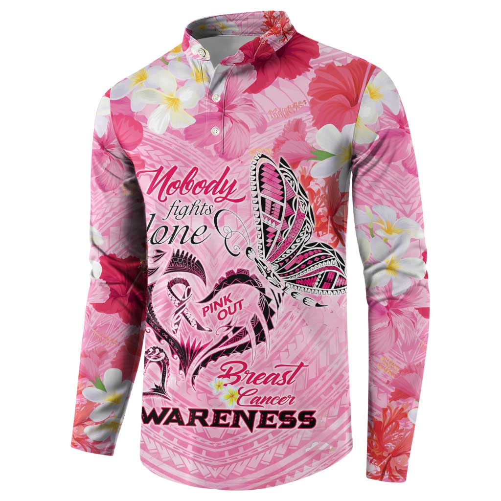 Butterfly Polynesia Breast Cancer Button Sweatshirt Nobody Fights Alone Pink Out Tropical Hibiscus