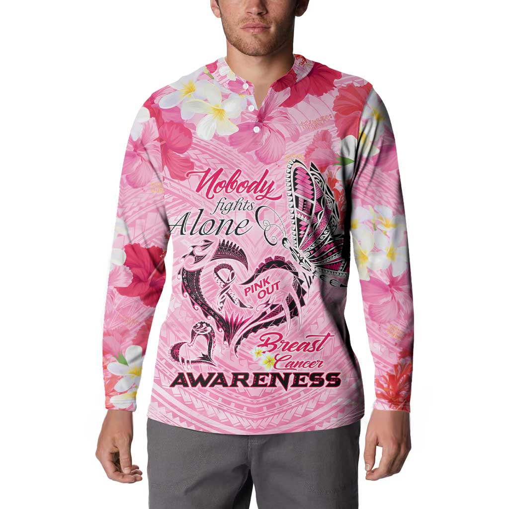 Butterfly Polynesia Breast Cancer Button Sweatshirt Nobody Fights Alone Pink Out Tropical Hibiscus