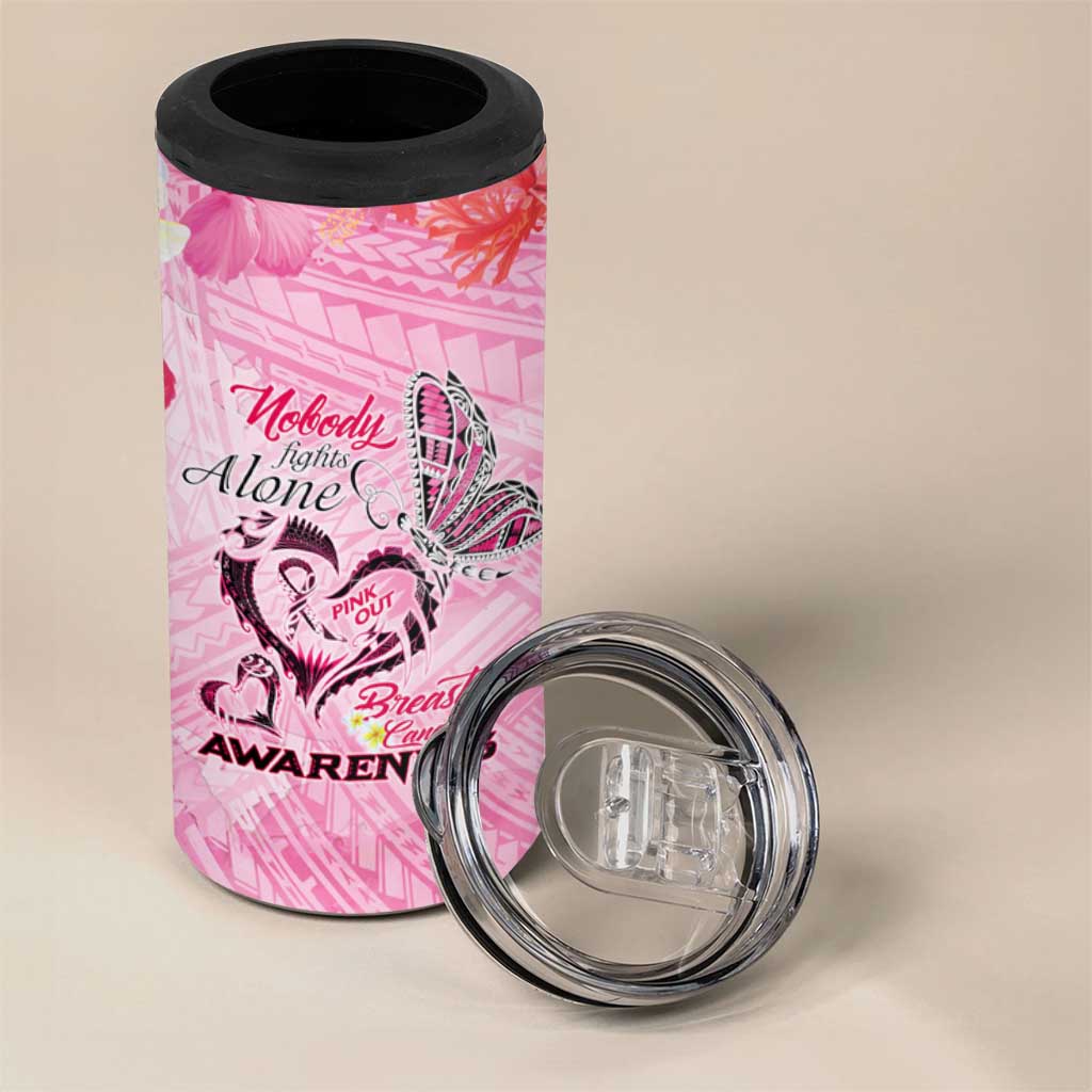 Butterfly Polynesia Breast Cancer 4 in 1 Can Cooler Tumbler Nobody Fights Alone Pink Out Tropical Hibiscus