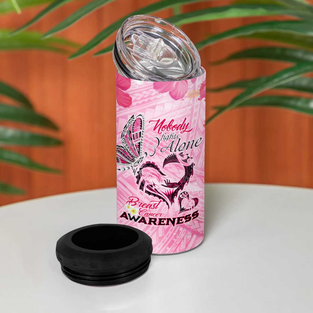 Butterfly Polynesia Breast Cancer 4 in 1 Can Cooler Tumbler Nobody Fights Alone Pink Out Tropical Hibiscus