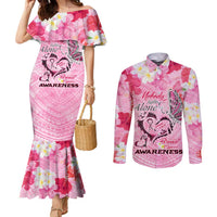Butterfly Polynesia Breast Cancer Couples Matching Mermaid Dress and Long Sleeve Button Shirt Nobody Fights Alone Pink Out Tropical Hibiscus DT02 Pink - Polynesian Pride