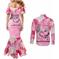 Butterfly Polynesia Breast Cancer Couples Matching Mermaid Dress and Long Sleeve Button Shirt Nobody Fights Alone Pink Out Tropical Hibiscus DT02 - Polynesian Pride