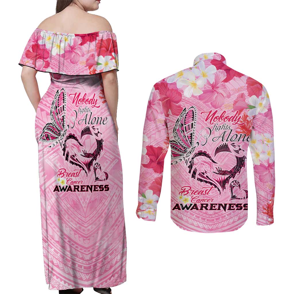 Butterfly Polynesia Breast Cancer Couples Matching Off Shoulder Maxi Dress and Long Sleeve Button Shirt Nobody Fights Alone Pink Out Tropical Hibiscus