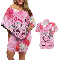 Butterfly Polynesia Breast Cancer Couples Matching Off Shoulder Short Dress and Hawaiian Shirt Nobody Fights Alone Pink Out Tropical Hibiscus