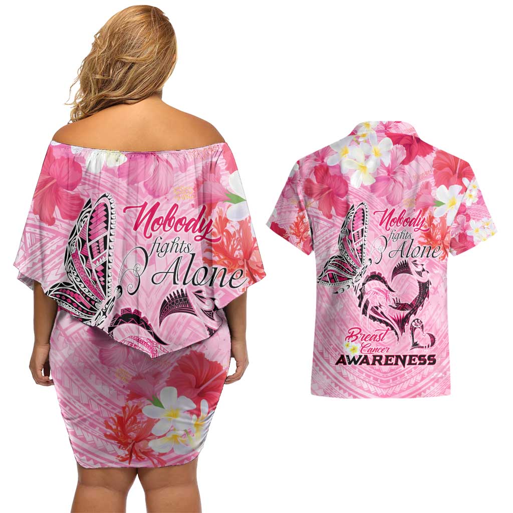 Butterfly Polynesia Breast Cancer Couples Matching Off Shoulder Short Dress and Hawaiian Shirt Nobody Fights Alone Pink Out Tropical Hibiscus