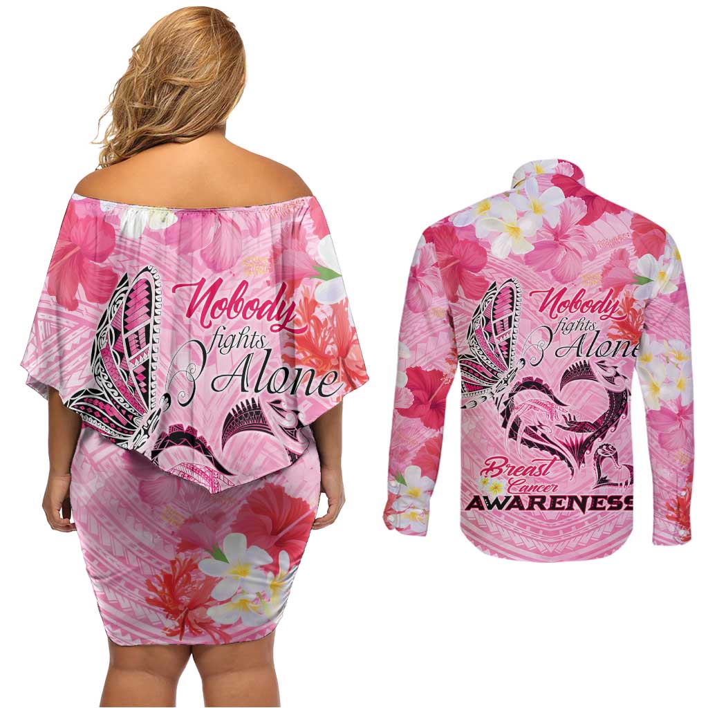 Butterfly Polynesia Breast Cancer Couples Matching Off Shoulder Short Dress and Long Sleeve Button Shirt Nobody Fights Alone Pink Out Tropical Hibiscus DT02 - Polynesian Pride