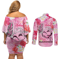 Butterfly Polynesia Breast Cancer Couples Matching Off Shoulder Short Dress and Long Sleeve Button Shirt Nobody Fights Alone Pink Out Tropical Hibiscus DT02 - Polynesian Pride