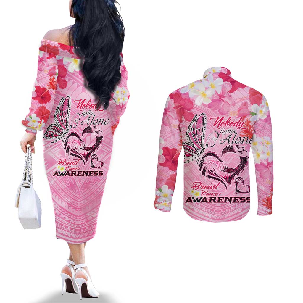 Butterfly Polynesia Breast Cancer Couples Matching Off The Shoulder Long Sleeve Dress and Long Sleeve Button Shirt Nobody Fights Alone Pink Out Tropical Hibiscus DT02 - Polynesian Pride